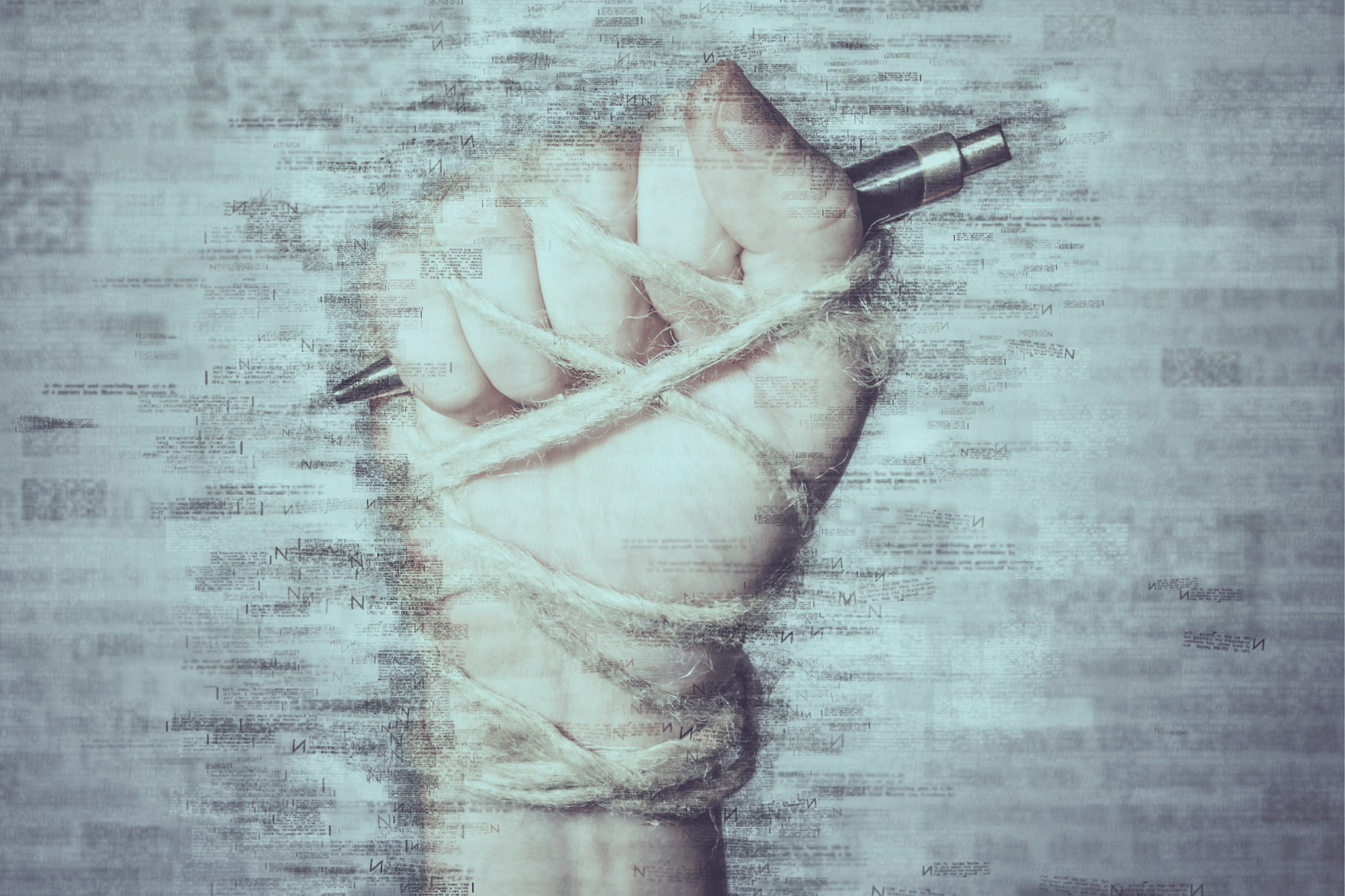 Image of hand holding a pen wrapped in a string.