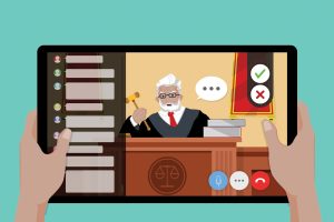 Cartoon image of a judge conducting court on an iPad