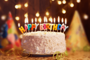 Birthday cake with "Happy Birthday" candles