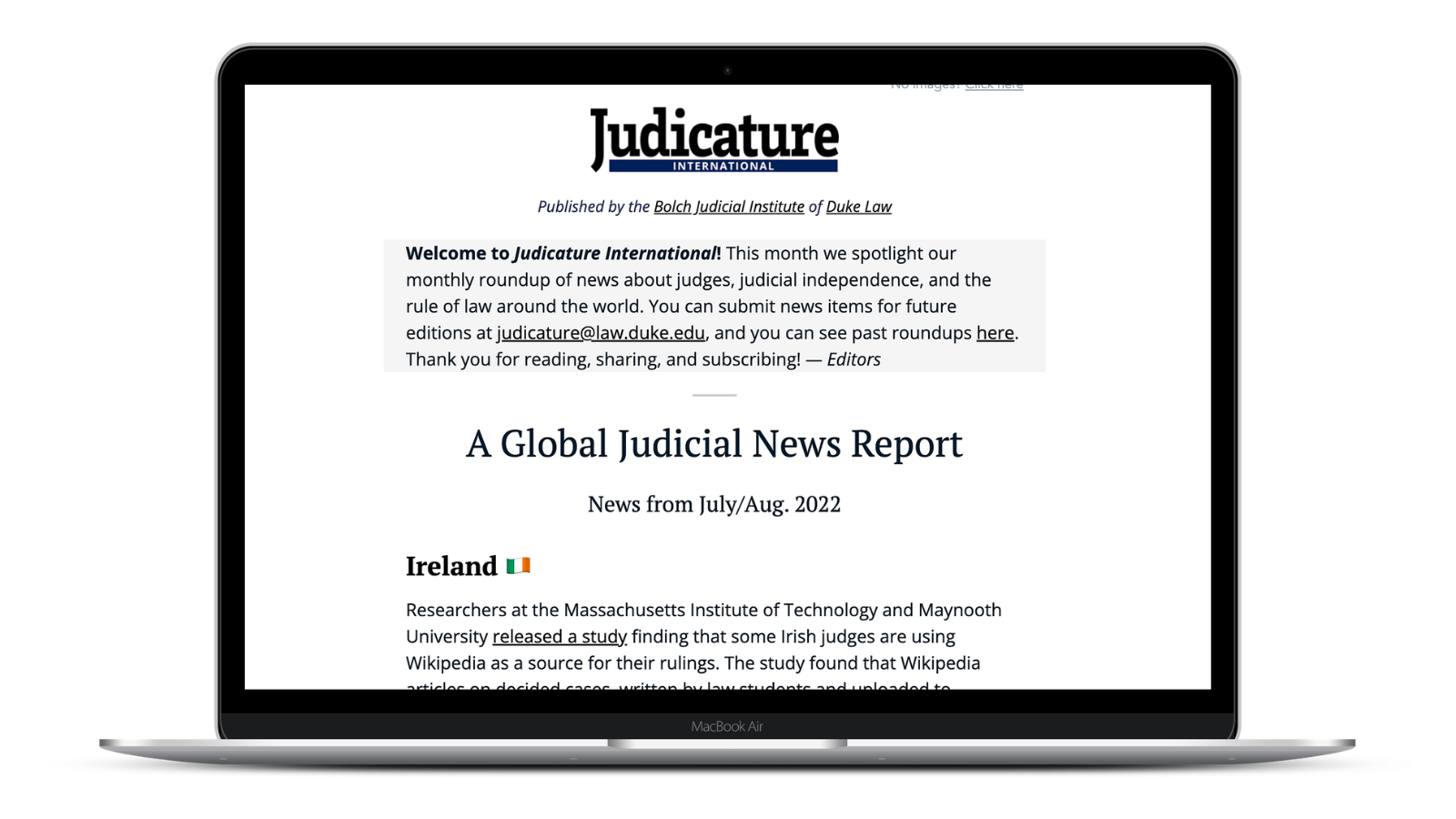Image of Judicature International on a computer.
