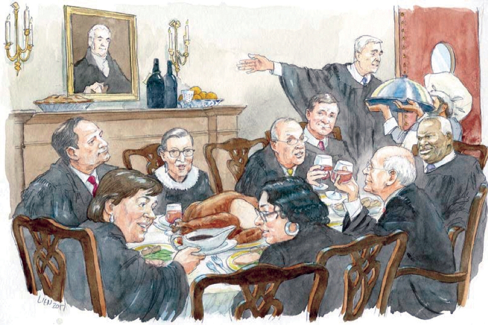 Sketch of Supreme Court Justices eating lunch together