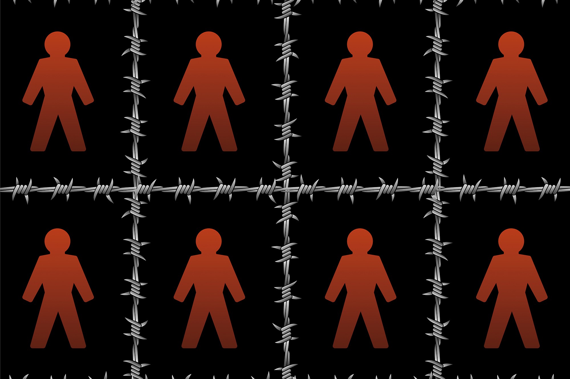 Cut outs of people in the center of barbed wire