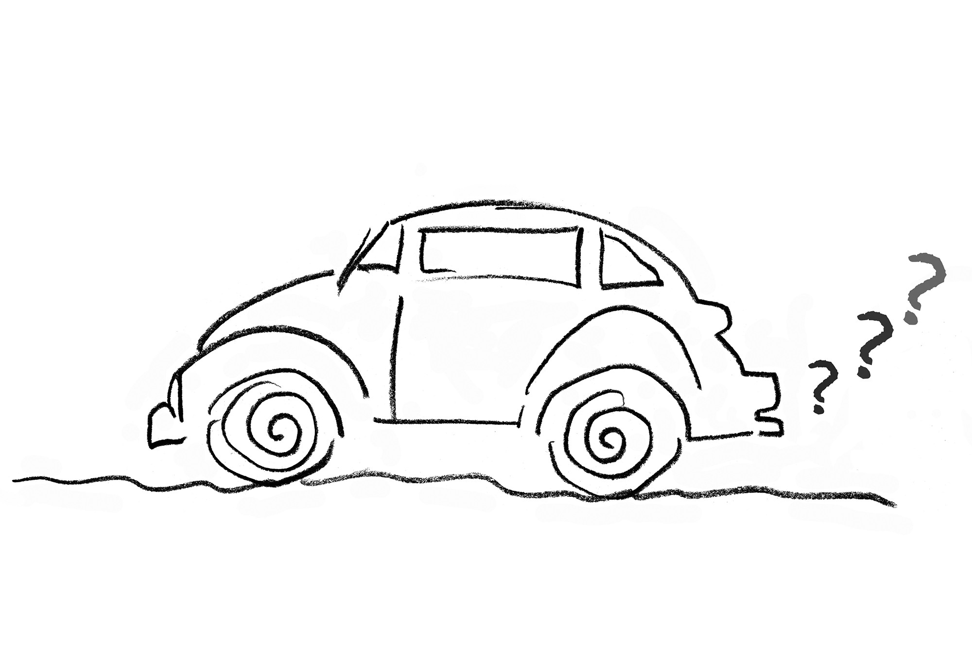 Sketch of VW Bug with Questions Marks coming out of tailpipe