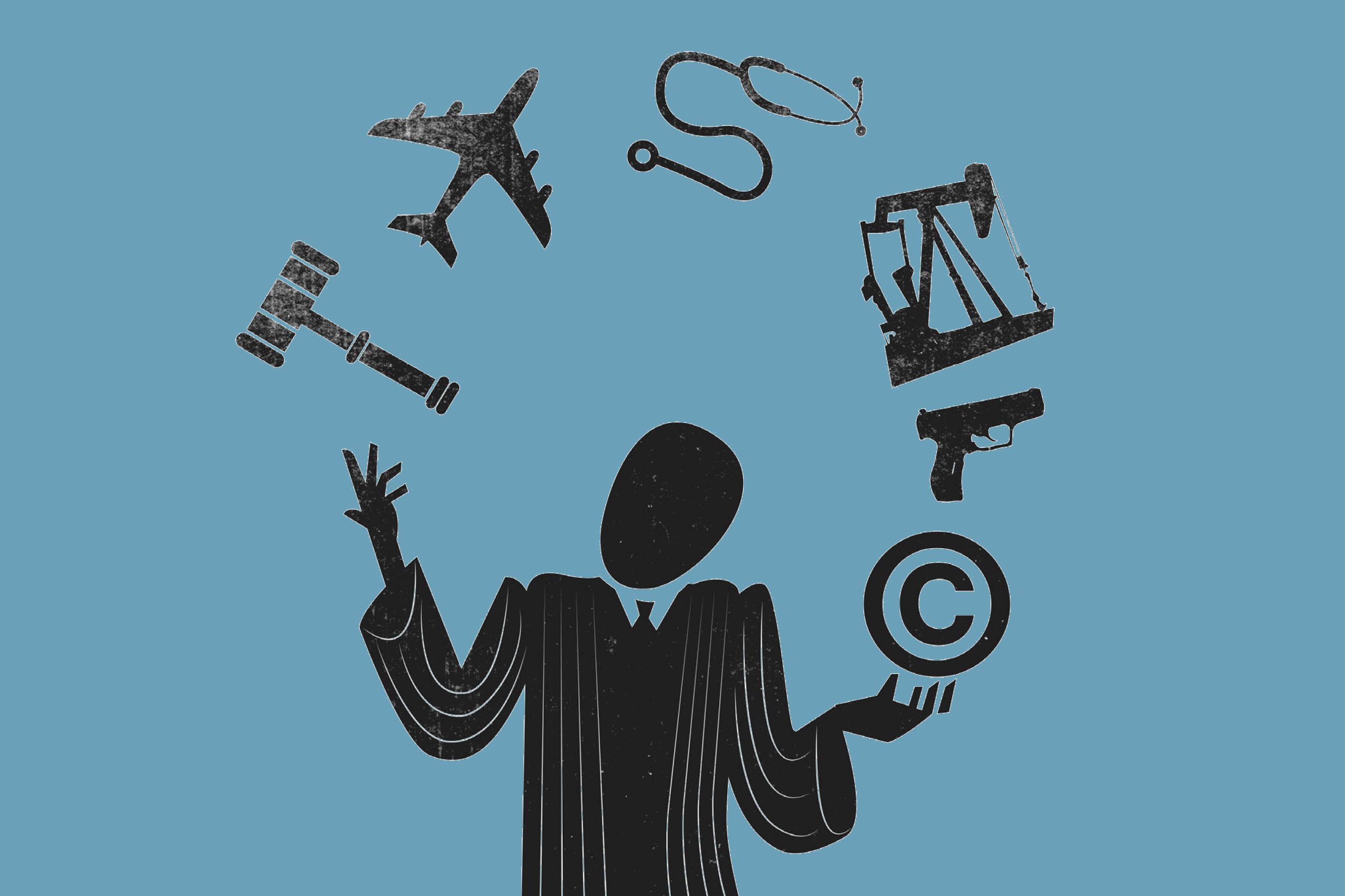 Cartoon of judge juggling a copyright symbol, gun, oil rig, stethoscope, airplane, and gavel.