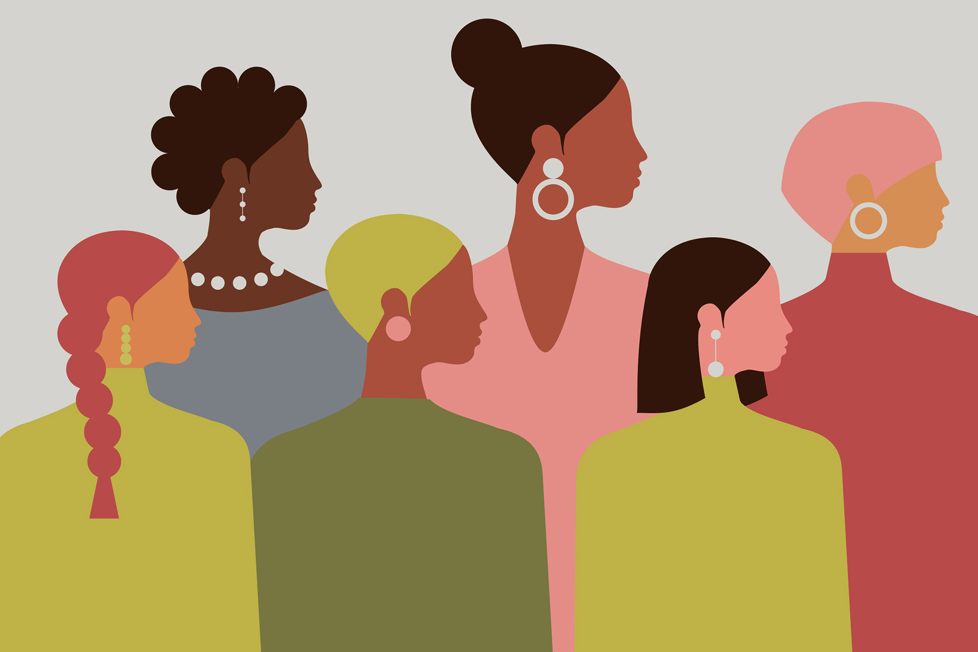 Stylized illustration of six women in profile with diverse skin tones, hairstyles, and clothing, symbolizing racial and gender diversity and shared professional experience.