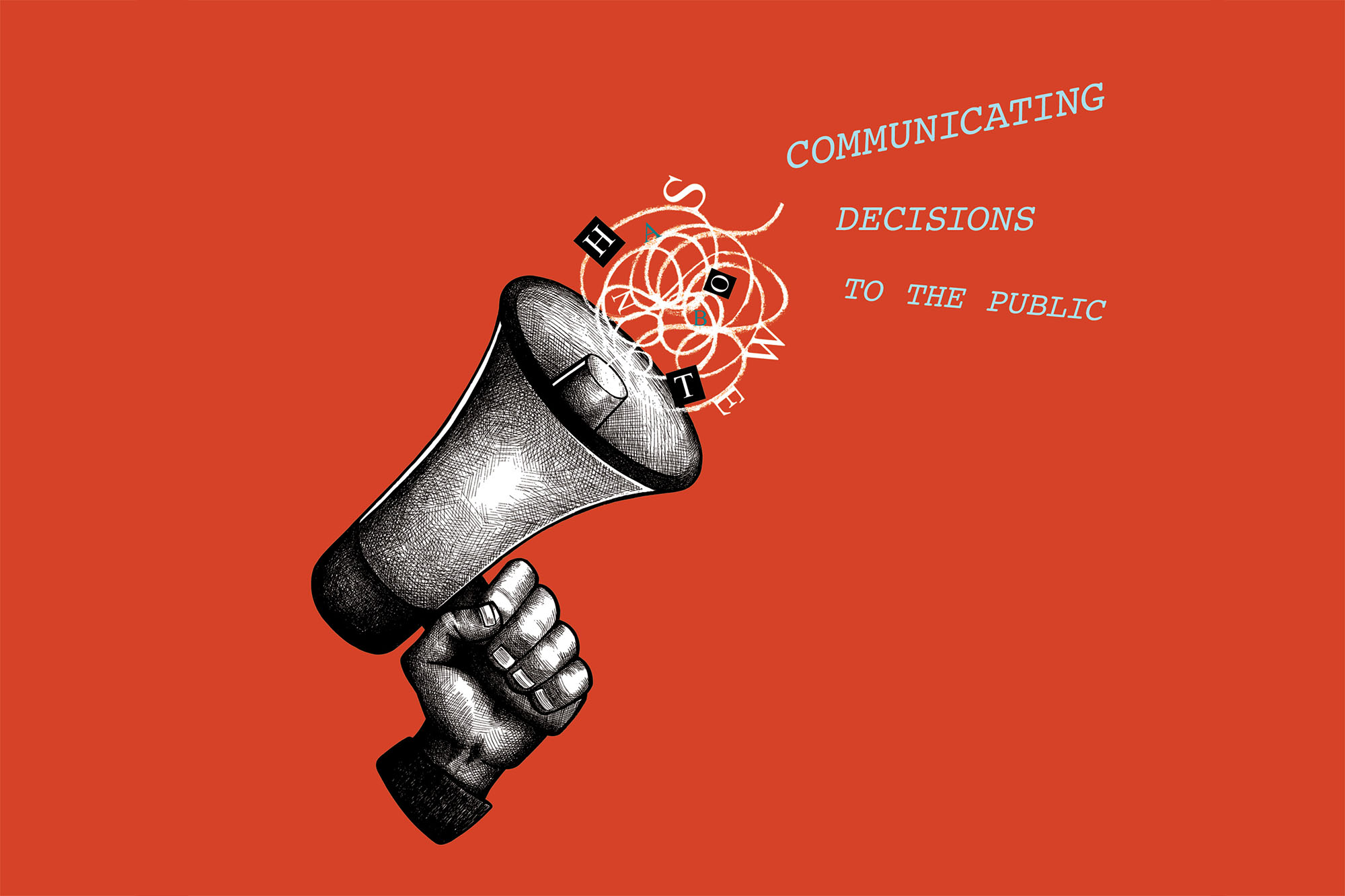 Illustration of a hand holding a megaphone against a red background, with abstract letters and lines emerging from the megaphone and the words “Communicating Decisions to the Public,” symbolizing courts’ efforts to explain judicial decisions clearly and accessibly to the public.